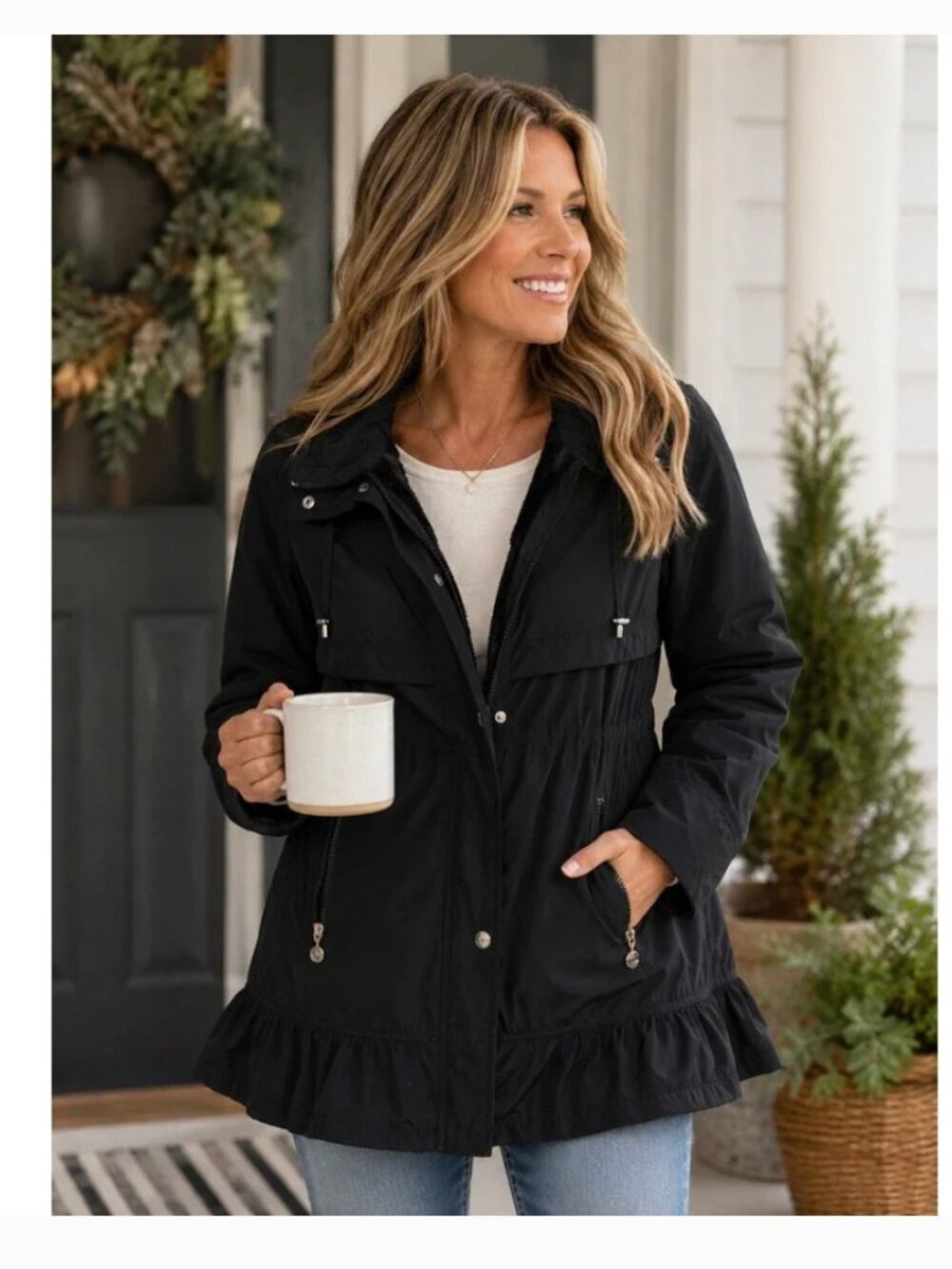 BETSEY JOHNSON Black Hooded Ruffle Peplum Anorak Jacket | XS